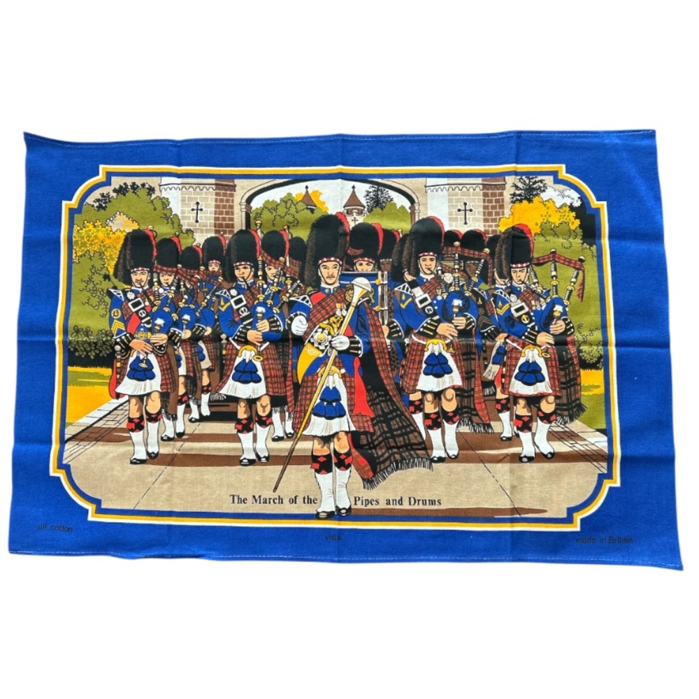 Vintage British Made Tea Towel The March Of The Pipes And Drums 100% Cotton